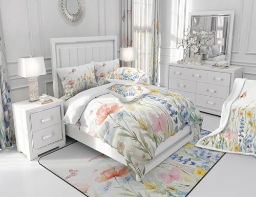 Floral Bedding Set Kids Botanical Fowers Comforter Set Garden Blossom Comforter for Boys Room Decor Lightweight White Duvet Set Full Size - Image 7