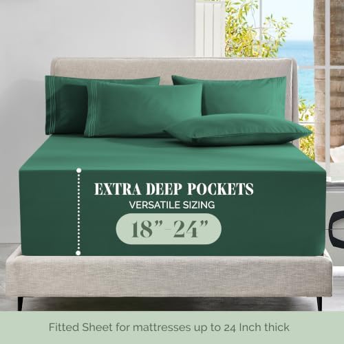 Elegant Comfort Luxury Soft 6-Piece 1500 Premium Hotel Quality Bed Sheet Set with Extra Deep Pockets 18-24 Inch, Wrinkle Free, Storage Pockets, Extra Deep Pocket 6PC Sheets, Cal King, Hunter Green - Image 4