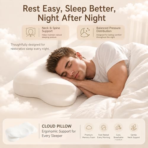 Cloud Pillow, Ergonomic Memory Foam Pillow, Cervical Neck Support & Pressure Relief, Cooling Breathable Cover, Sleep Relaxer for Side, Back & Stomach Sleepers - Image 6