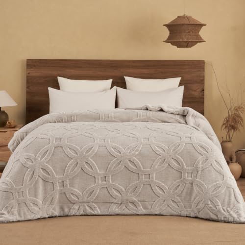 PHF Soft Sherpa Fleece Blanket Twin, Tufted Jacquard, 01-Oak by PHF