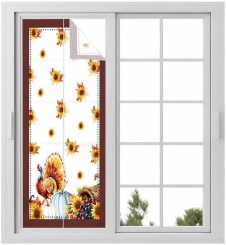 Window Privacy Film Frosted, Thanksgiving Fall Static Cling Door Window Covering, Turkey Sunflowers Pumpkin Brown Striped UV Blocking Windows Film for Office, Hotel, Bedroom, 29.5 x 78.7 Inches by Unknown