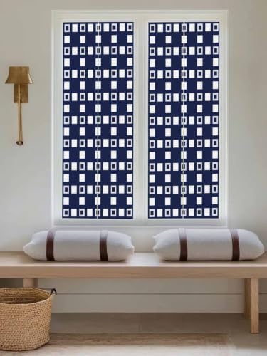 Window Privacy Film Frosted, Blue White Plaid Reusable Static Cling Window Tints, Modern Abstract Geometric Lattice Heat Control Windows Films for Offices, Balcony, 29.5 x 118 Inches - Image 5