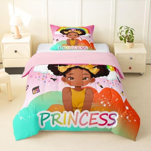 Erosebridal Rainbow Black Girls Comforter Set Toddler Size African American Bedding Set Black Princess Girl Makeup Quilt Comforter Afro Little Girl Bed Set for Kids Melanin Bedroom Decor by Erosebridal