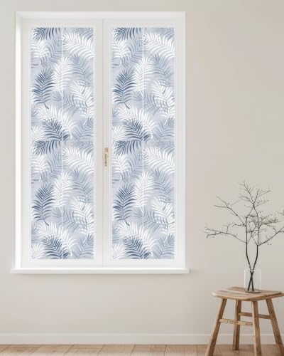 Window Privacy Film Frosted, Navy Blue Botanical Reusable Static Cling Window Tints, Summer Palm Leaves Foliage Tropical Heat Control Windows Films for Offices, Balcony, 29.5 x 118 Inches - Image 2