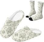 Toile de Jouy Fuzzy Slipper with Socks for Women Cozy Slipper Indoor by Baxinh