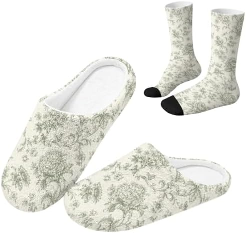 Toile de Jouy Fuzzy Slipper with Socks for Women Cozy Slipper Indoor by Baxinh