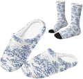 Toile de Jouy Fuzzy Slipper with Socks for Women Cozy Slipper Indoor by Baxinh