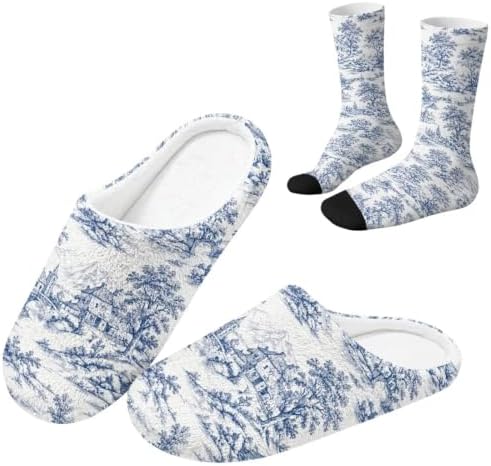 Toile de Jouy Fuzzy Slipper with Socks for Women Cozy Slipper Indoor by Baxinh