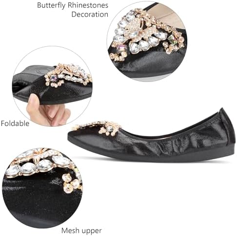 KUNWFNIX Women Ballet Flats Rhinestone Wedding Ballerina Shoes Foldable Sparkly Comfort Slip on Flat Shoes - Image 3