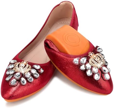 KUNWFNIX Women's Ballet Flats Foldable Classic Crown Rhinestone Slip On Bowknot PU Leather Faux Suede Pointed Toe Comfort Flat Casual Dress Shoes by KUNWFNIX