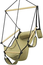 Flexzion Hanging Hammock Air Chair Swing Lounger (Tan) Footrest Armrest Pillow Boho Canvas Hamic Chairs for Outside Outdoor Indoor Patio Porch Upgraded 350lbs, Solid Wooden Dowels, Portable Bag by Flexzion