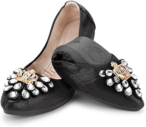 KUNWFNIX Women's Ballet Flats Foldable Classic Crown Rhinestone Slip On Bowknot PU Leather Faux Suede Pointed Toe Comfort Flat Casual Dress Shoes by KUNWFNIX