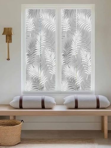 Window Privacy Film Frosted, Grey Botanical Reusable Static Cling Window Tints, Summer Palm Leaves Foliage Tropical Heat Control Windows Films for Offices, Balcony, 29.5 x 118 Inches - Image 5