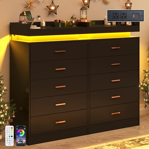 jiteentarou 5 Drawer Dresser with Charging Station and LED Lights, Modern Chest of Drawers with Power Outlet, Organizer Cabinet for Bedroom, Living Room, Entryway, Black - Image 4