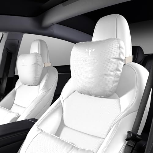 Quintor Genuine Nappa Leather Car Neck Pillow Custom Fit for Model 3/Y/S/X, Adjustable Headrest Cushion for Driving Support and Relaxation, 2-Pack Gift Set (White) by Unknown