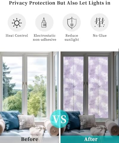 Window Privacy Film Frosted, Purple Botanical Reusable Static Cling Window Tints, Summer Palm Leaves Foliage Tropical Heat Control Windows Films for Offices, Balcony, 29.5 x 118 Inches - Image 6