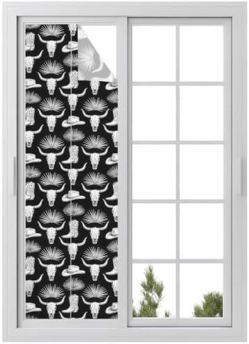 Window Privacy Film Frosted, Horror Skulls Reusable Static Cling Window Tints, Southwestern Horns Boho Tribal Hats Boots Heat Control Windows Films for Offices, Balcony, 29.5 x 118 Inches by Unknown