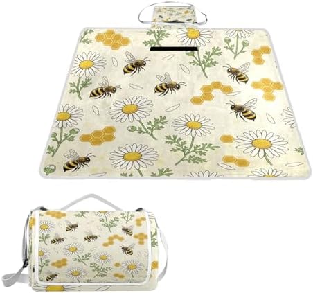 MNSRUU Picnic Blanket Waterproof Foldable, Honey Bee Flower Large Outdoor Picnic Beach Camping Blanket Travel Mat, Shoulder Strap Tote, Rectangle 57x59in by MNSRUU