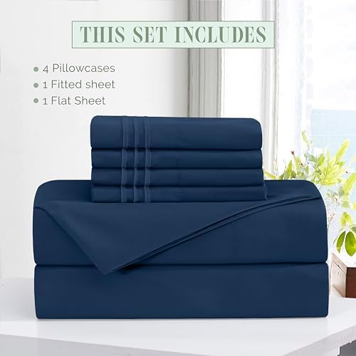 Elegant Comfort Luxury Soft 6-Piece 1500 Premium Hotel Quality Bed Sheet Set with Extra Deep Pockets 18-24 Inch, Wrinkle Free, Storage Pockets, Extra Deep Pocket 6PC Sheets, Cal King, Navy Blue - Image 3