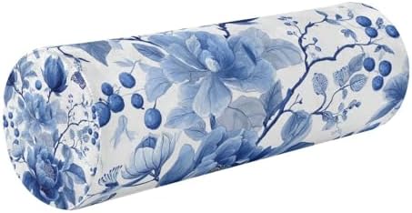 Blue White Flower Neck Roll Pillow Bolster Round Health Memory Foam Long Cervical Roll Cylinder Pillows with Removable Washable Cover for Body Bed Legs Back Yoga by QwThum