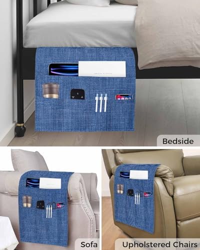 Sofa Armrest Organizer Bedside Caddy, Navy Blue Non Slip Couch Remote Control Holder for Recliner, Vintage Country Monochrome Farmhouse Armchair Caddy with Pocket for Magazine, Phone, 19.7"x35" - Image 5