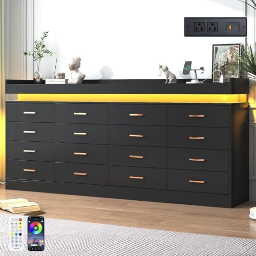 jiteentarou 16 Drawer Dresser with Charging Station and LED Lights, Modern Chest of Drawers with Power Outlet, Organizer Cabinet for Bedroom, Living Room, Entryway, Black by jiteentarou