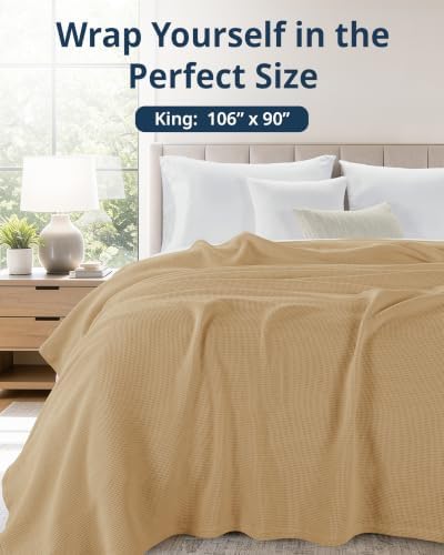 LANE LINEN King Size Blanket, 100% Cotton 300 GSM Waffle Weave - Beige - Image 3