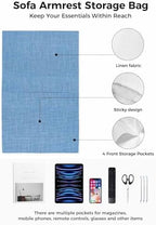 Sofa Armrest Organizer Bedside Caddy, Blue Burlap Texture Non Slip Couch Remote Control Holder for Recliner, Farmhouse Vintage Blue Armchair Caddy with Pocket for Magazine, Phone, 19.7"x35" - Image 2