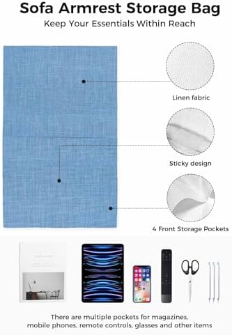 Sofa Armrest Organizer Bedside Caddy, Blue Burlap Texture Non Slip Couch Remote Control Holder for Recliner, Farmhouse Vintage Blue Armchair Caddy with Pocket for Magazine, Phone, 19.7"x35" - Image 2