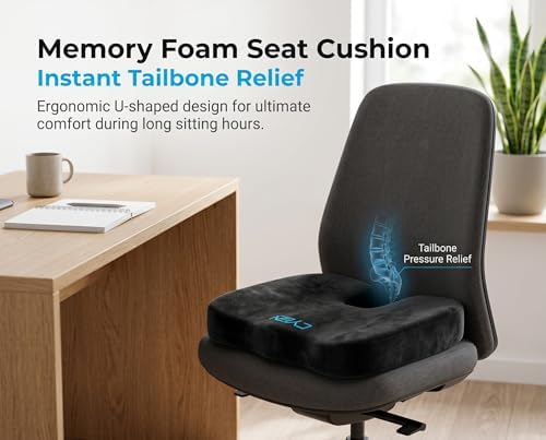 CYLEN Home Office Seat Cushion – Memory Foam Chair Cushion with Gel-Infused Material for Tailbone & Coccyx Pain Relief, Non-Slip Bottom, Machine Washable Cover – for Car, Wheelchair(Matte Black) - Image 4