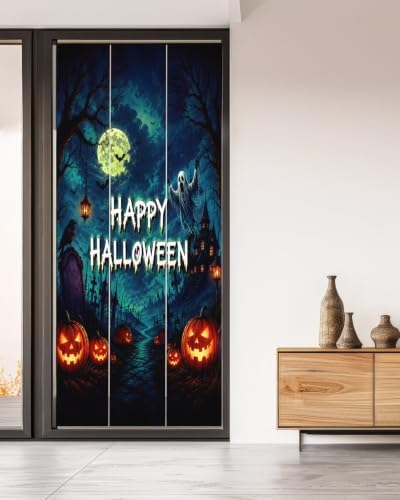 Window Privacy Film Frosted, Halloween Non-Adhesive Static Cling Window Tint, Blue Spooky Pumpkin Ghost Moonlight Castle Insulated Windows Frosted Films for Living Room, 35.4 x 78.7 Inches - Image 5