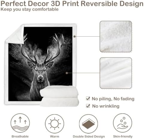 Stag Blanket Rustic Lodge Sherpa Throw for Couch, Masculine Deer Design for Cabin Decor, 50x60 Inches Soft Fuzzy Cozy Animal Black Blanket for Men Living Room - Image 7