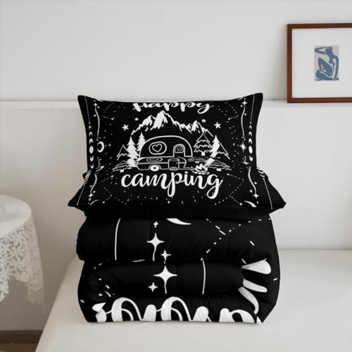 Erosebridal Camping Comforter Set Twin Black and White for Kids Boys Girls - Happy Camping Bedding Set for RV, Moon and Stars Room Decor Quilt Bed Set 2Pcs - Image 5