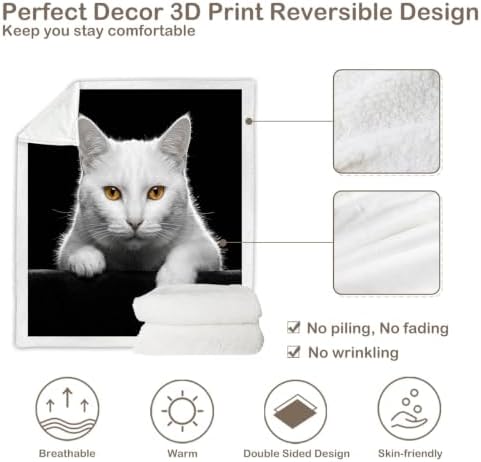 White Cat Sherpa Blanket Animal Print Throw Blanket for Women and Men Soft Warm Cozy 60x80 Inches Cute Minimal Design Bedroom Couch Decor Gift for Birthday Housewarming Anniversary - Image 7