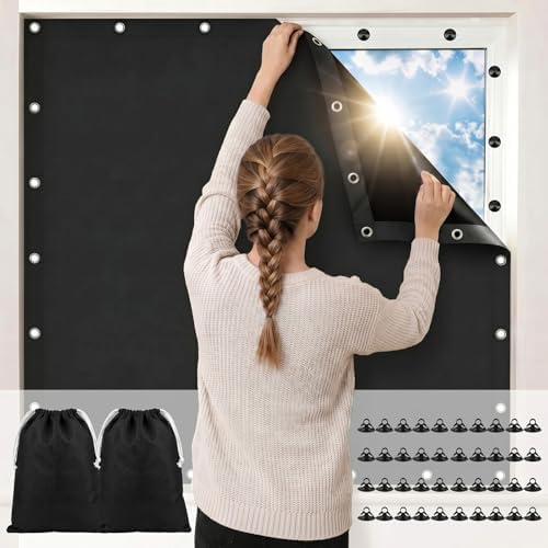 Tegeme 2 Pack Portable Blackout Travel Curtains 51"W x 78"L Black Adjustable Blackout Window Covers with Suction Cups No Drill Black out Window Shade Light Blocker for RV Bedroom Nursery Dorm Use by Tegeme