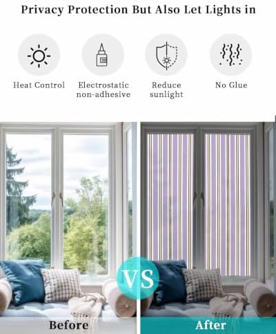 Window Privacy Film Frosted, Purple Brown Striped Reusable Static Cling Window Tints, Modern Farmhouse Vertical Stripes Heat Control Windows Films for Offices, Balcony, 29.5 x 118 Inches - Image 6
