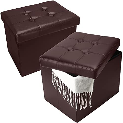 Bsketa Storage Ottoman Bench, 17" Folding Leather Foot Rest, Brown 2 Pack by Bsketa