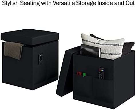Set of 2 Ottomans with Storage Pockets - 15-Inch Folding Foot Rests or Storage Organizers for Bedroom, Living Room, or Dorm by Lavish Home (Black) - Image 3