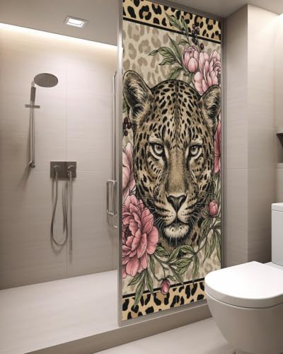 Window Privacy Film Frosted, Leopard Print Static Cling Door Window Covering, Vintage Peony Flower Chic Cheetahs Texture UV Blocking Windows Film for Office, Hotel, Bedroom, 29.5 x 78.7 Inches - Image 3