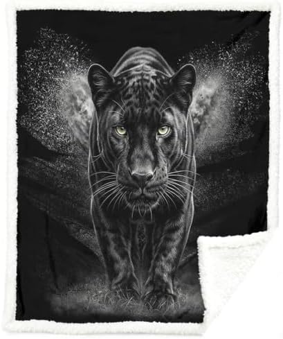 Black Panther Sherpa Blanket Dark Animal Print Throw Blanket for Men Bedroom Gamer Room Decor Soft Fuzzy Warm Cozy 60x80 Inches Luxury Wildlife Design Gift for Birthday Housewarming Anniversary by Sleepwish