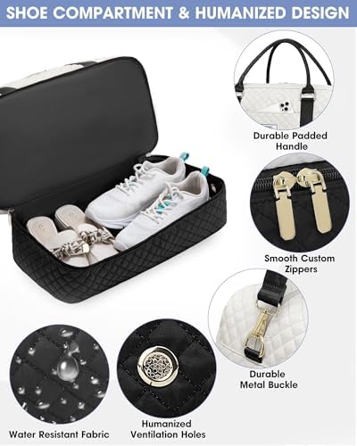 Travel Duffle Weekender Bags for Women: Overnight Bag with Shoe Compartment Carry On Bags with Toiletry & Wet Pocket Large Tote Hospital for Women Labor Delivery Black White - Image 3