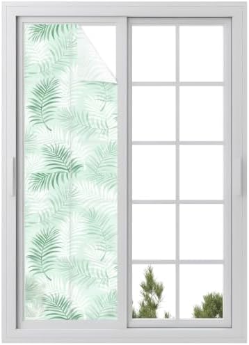 Window Privacy Film Frosted, Light Green Botanical Reusable Static Cling Window Tints, Summer Palm Leaves Foliage Tropical Heat Control Windows Films for Offices, Balcony, 29.5 x 118 Inches by Unknown
