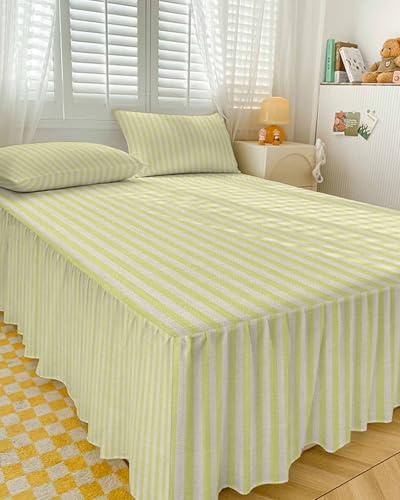 Yellow Striped Bed Skirts for Twin Bed 18 Inches Drop, Wrap Around Bedskirt Dust Ruffle Pleated Bedspread Modern Simple Farmhouse Beige Vintage Fitted Sheet with Decorative Pillowcase 30"x20" - Image 3