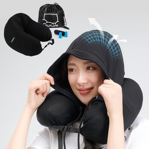 Hooded Travel Pillow – Natural Latex Neck Support with Privacy Hood, Side Pocket & Tencel Cover for Airplane & Long Flights | Gurum™ by Gurumpillow