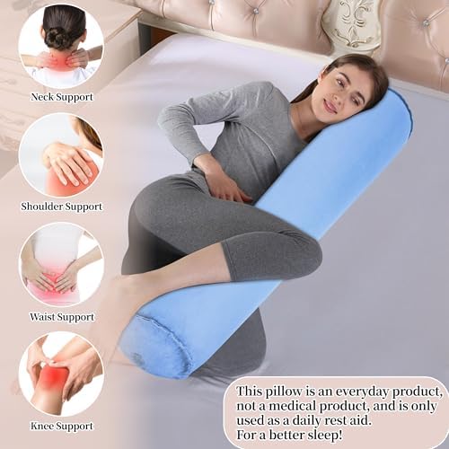 Travel Body Pillow for Adults, Inflatable Travel Pillows, Multifunctional Side Sleeper Pillows, Round Bolster Pillow for Bed (Blue) - Image 7