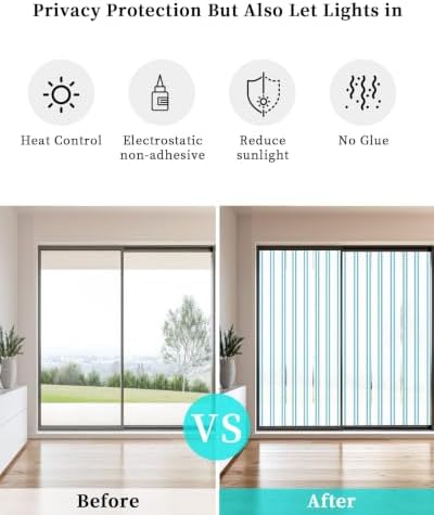 Window Privacy Film Frosted, Teal Blue Stripes Non-Adhesive Static Cling Window Tint, Modern Vertical Striped Minimalist Insulated Windows Frosted Films for Living Room, 35.4 x 78.7 Inches - Image 6