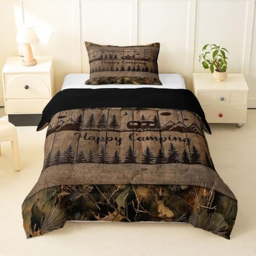 Erosebridal Camo Camping Twin Bedding Set Rustic Farmhouse Comforter Set for Kids Boys Girls Rv Camper Car Bed Comforter Sets Woodland Mountain Pine Trees Quilt Duvet by Erosebridal