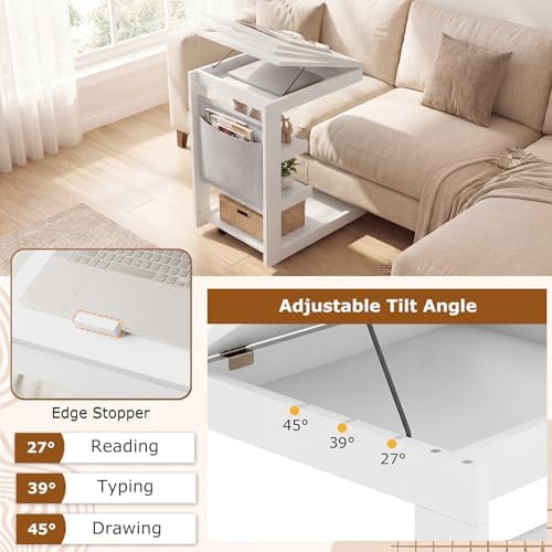 Giantex C-Shaped End Table with Wheels, Set of 2 Wood Rolling Side Table w/Adjustable Desktop, Edge Stopper, Side Pocket & 3 Storage Shelves, Sofa Couch Bedside TV Tray for Living Room Bedroom (White) - Image 4