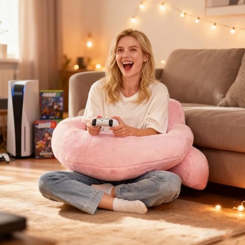 19" Reading Pillow for Bed,U Shaped Arm & Elbow Support,Pink Faux Fur - Image 2