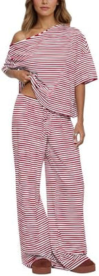 Ythomm Striped Pajama Sets Womens Two Piece Lounge Outfits Short Sleeve Off Shoulder Shirts Drawstring Pants Matching Pj Sets by Ythomm